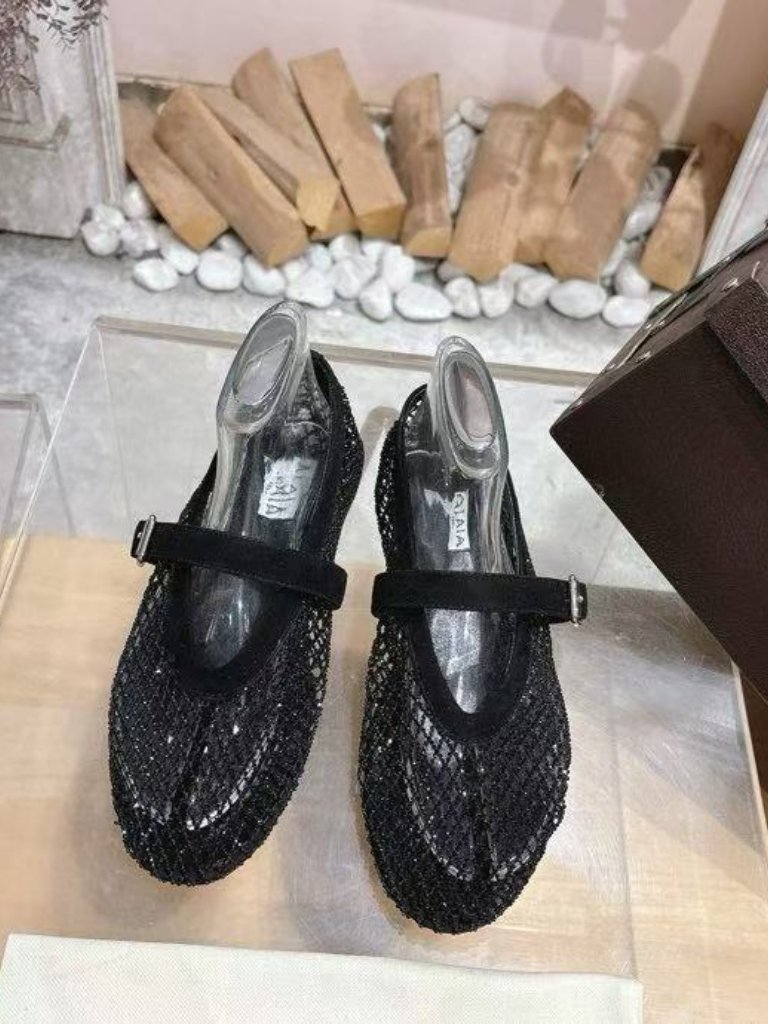 Alaa Black Crystal Mesh Mary Jane Flats